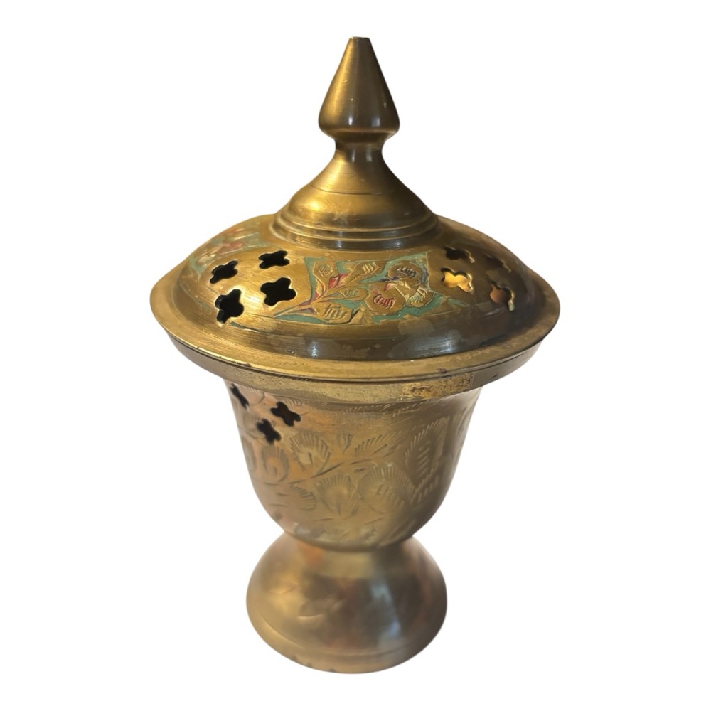 Brass Vintage Decorative Lidded Incense Urn-About 5 inches